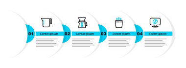 Kahve çekirdeği, kahve fincanı, kahve makinası ve demlik ikonu ile yer belirle. Vektör