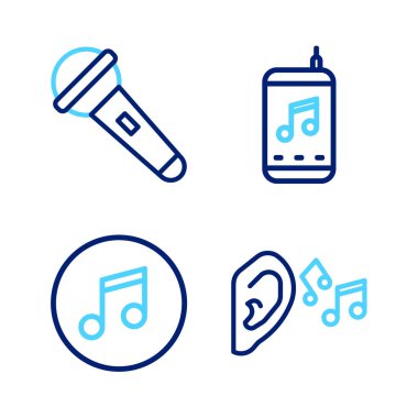 Satır Ear dinleme ses sinyali, müzik notası, ton, çalma ve mikrofon simgesi. Vektör