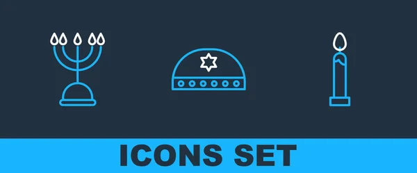 Set line Burning candle, Hanukkah menorah and Jewish kippah with star of david icon. Vector — Stock Vector