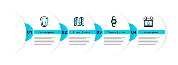 Definir linha Calendário com árvore, relógio inteligente mostrando ritmo cardíaco, Localização da floresta no mapa e ícone mosquetão. Vetor — Vetor de Stock