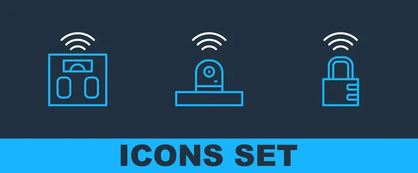 Set line Smart safe combination lock, bathroom scales and security camera icon. Vector — Vetor de Stock