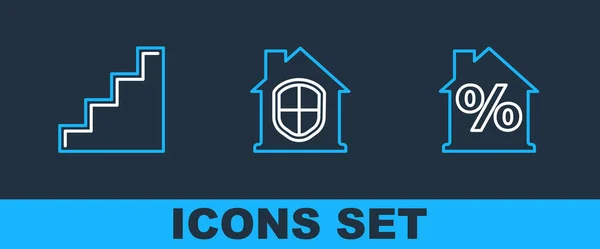 Set line House with percant discount, Staircase and under protection icon. Vector — Image vectorielle