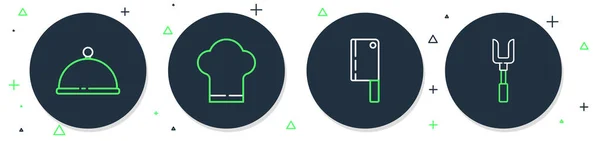 Set line Chef hat, Meat chopper, Covered with tray and Barbecue fork icon. Vector — 스톡 벡터