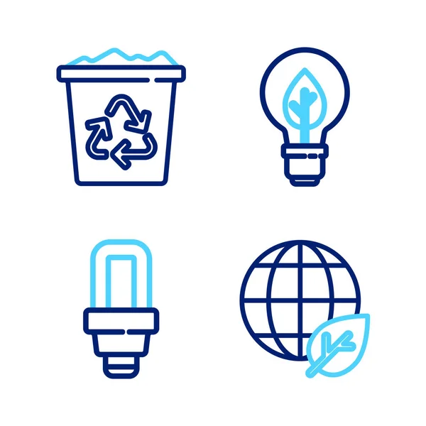 Set line Earth globe and leaf, LED light bulb, Light with and Recycle bin recycle icon. Vector — Stock Vector