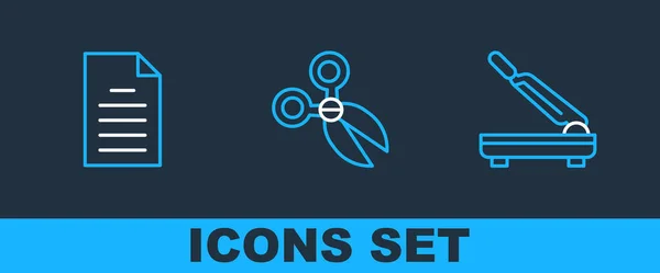 Set line Paper cutter, File document and Scissors icon. Vector — стоковый вектор