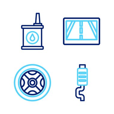 Araba susturucusu, tekerlek, harita ile GPS cihazı ve motor yağı simgesi için teneke kutuyu ayarla. Vektör