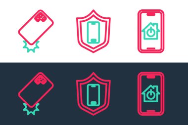 Mobil hattı akıllı ev, şok geçirmez telefon ve kalkan ikonu ile ayarla. Vektör