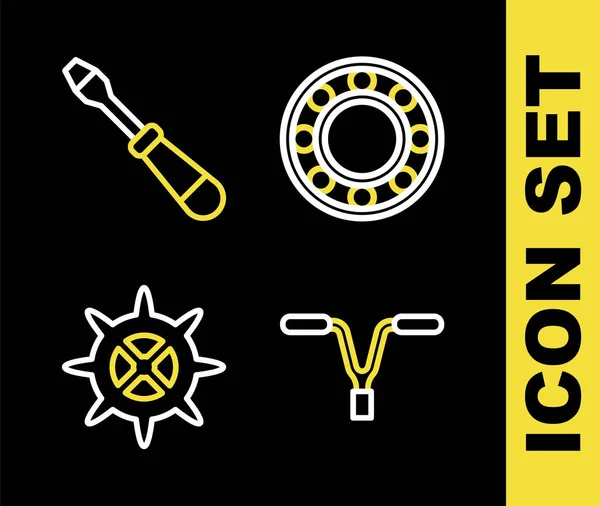 Set line Bicycle ball bearing, handlebar, sprocket crank and Screwdriver icon. Vector — Vector de stock