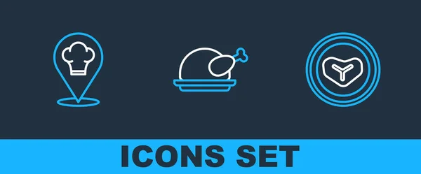 Set line Steak maso na talíři, Kuchař klobouk s umístěním a pečené krocana nebo kuřecí ikonu. Vektor — Stockový vektor