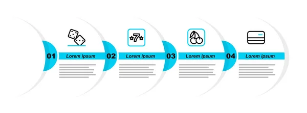 Définir la ligne Carte de crédit, Machine à sous avec cerise, Casino fente et Jeu dés icône. Vecteur — Image vectorielle