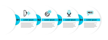 Satır Alfabesi, Mikrofon Ses Aygıtı, Yabancı Diller Öğrenme ve Kulak Dinleme Ses Sinyali Simgesi. Vektör