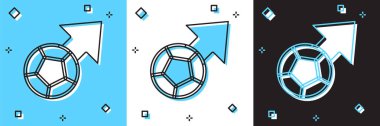 Futbol topu simgesini mavi-beyaz, siyah arkaplanda izole et. Spor malzemeleri. Vektör