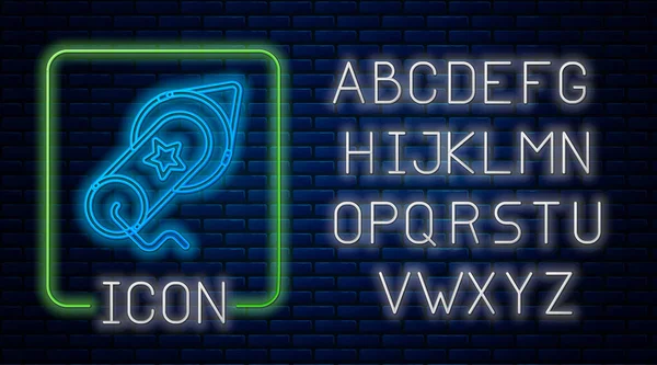 レンガの壁の背景に隔離されたネオン花火のアイコンを光る 楽しいパーティーの概念 爆発的な花火のシンボル ネオンライトアルファベット ベクトル — ストックベクタ