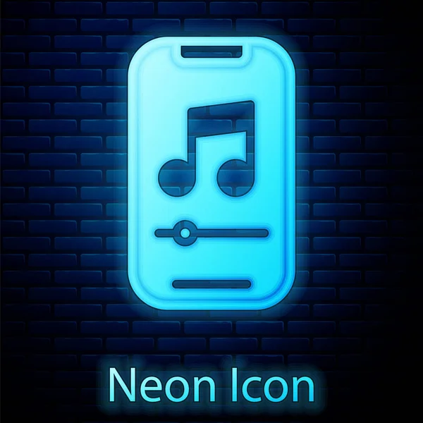 Świecąca Neonowa Ikona Odtwarzacza Muzyki Ceglanym Tle Przenośne Urządzenie Muzyczne — Wektor stockowy