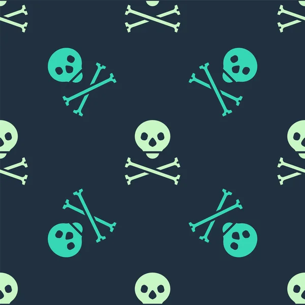 Green Beige Skull Crossbones Icon Isolated Seamless Pattern Blue Background — 스톡 벡터