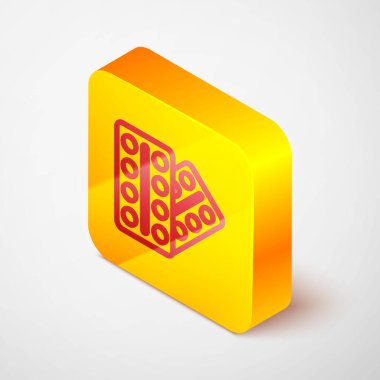 Kabarcıklı sırt çantasındaki Isometric çizgi hapları gri arka planda izole edilmiş. İlaç paketi. Tablet, vitamin, antibiyotik, aspirin. Sarı kare düğme. Vektör..