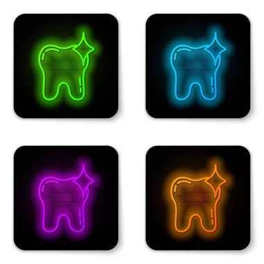 Parlayan neon hattı diş beyazlatma konsepti simgesi beyaz arkaplanda izole edildi. Diş hekimliği kliniği ya da diş hekimliği merkezi için diş sembolü. Siyah kare düğme. Vektör.