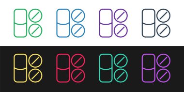 Diş ağrısı ağrı kesici tablet simgesini siyah beyaz arkaplanda izole et. Diş bakımı ilacı. Kapsül hapı ve ilaç. Eczane tasarımı. Vektör.