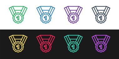 Çizgi Köpek ödül simgesi simgesi siyah beyaz arkaplanda izole edildi. Köpek ayak izli madalya, evcil hayvan sergisinin kazanan konsepti. Vektör