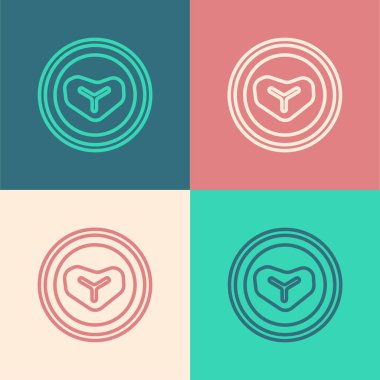 Renkli arka planda izole edilmiş bir tabak ikonunda biftek. Çatal bıçak sembolü. Restoran tabelası. Vektör