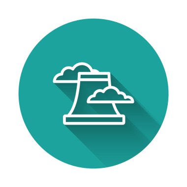 Beyaz çizgi Nükleer Santral ikonu uzun gölge arkaplanı ile izole edildi. Enerji endüstrisi konsepti. Yeşil daire düğmesi. Vektör