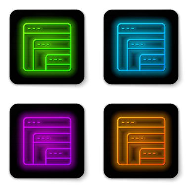 Parlayan neon hattı Yazılım, web geliştirici programlama kod simgesi beyaz arkaplanda izole edildi. Program kodunun rastgele bilgisayar betiği parçalarını Javascript et. Siyah kare düğme. Vektör
