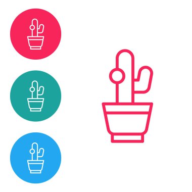 Kırmızı çizgi Kaktüs ve beyaz arka planda izole edilmiş tencere simgesinde sulu. Tencerede yetişen bir bitki. Saksı bitkisi işareti. Simgeleri daire düğmelerine ayır. Vektör