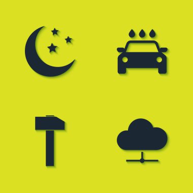 Ayı ve yıldızları ayarla, Ağ Bulutu bağlantısı, Çekiç ve Araba yıkama ikonu. Vektör.