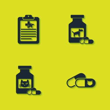 Klinik evcil hayvan, kedi ve haplar, ilaç şişesi ve köpek ikonu hazırla. Vektör.