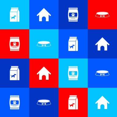 Köpek, köpek evi, evcil hayvan ve evcil hayvan kasesi ikonu için bir torba yemek. Vektör.