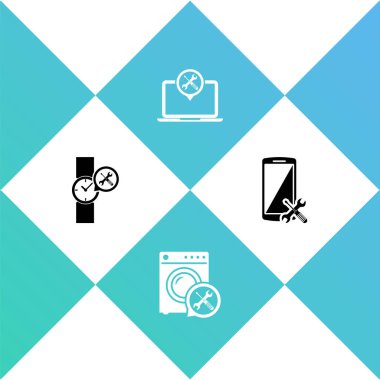 Bilek saat servisini, çamaşır makinesini, dizüstünü ve akıllı telefon simgesini ayarla. Vektör.