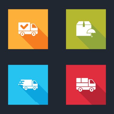 Sevkiyat kamyonunu işaretli, paket şemsiyeli hareket ve kutu simgesi olarak ayarla. Vektör.