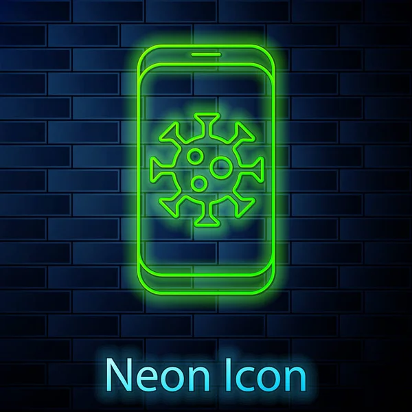 Gloeiende Neon Lijn Virus Statistieken Mobiele Pictogram Geïsoleerd Baksteen Muur — Stockvector