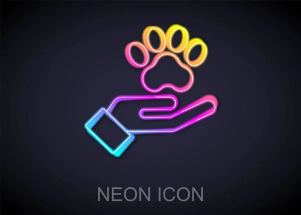 Glowing Neon Line Hands Animals Footprint Icon Isolated Black Background — Stock Vector