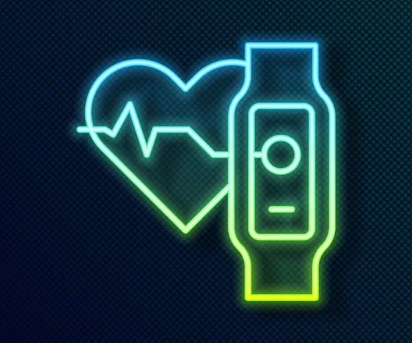 发光的霓虹灯线智能手表显示心脏跳动率图标孤立在黑色背景 健身应用的概念 — 图库矢量图片