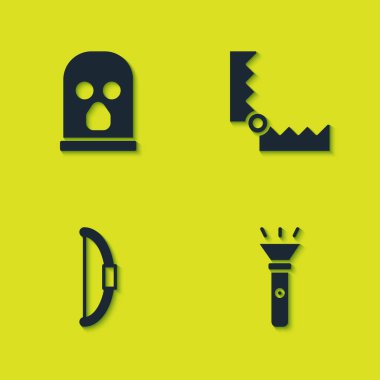 Kar maskesi, el feneri, ok ve tuzak avlama ikonu. Vektör.