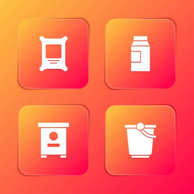 Gübre torbası, süt paketi, kovan arıları ve kova ikonu. Vektör.