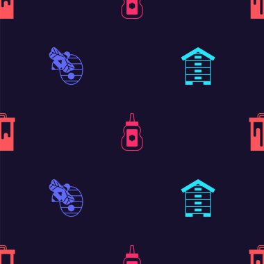 Kovan 'ı arı kovanına, kavanoz bal ve bal peteğine kusursuz desenlere ayarlayın. Vektör