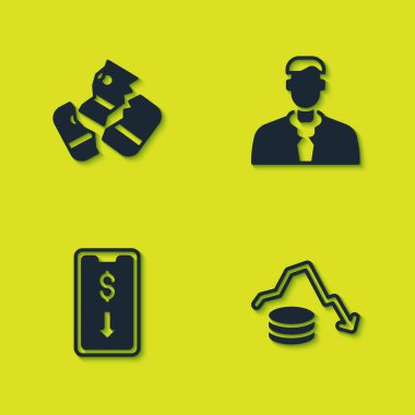 Kredi kartı, dolar oranı düşüşü, mobil hisse senedi ticareti ve İşçi simgesi ayarla. Vektör