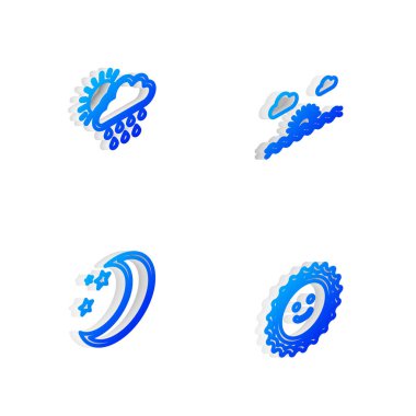 Isometric Line Sunset 'i, yağmurlu ve güneşli Bulut' u, Ay yıldızlarını ve ikonunu ayarla. Vektör.