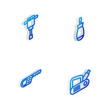 Isometric hattı tornavida, inşaat matkabı, Karşılaştırıcı testere ve elektrikli planör araç simgesini ayarla. Vektör