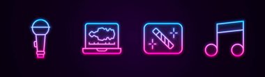 Mikrofon, ses ya da ses kaydedici, fotoğraf rötuşlama ve müzik notası ayarlayın. Parlayan neon ikonu. Vektör