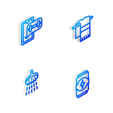 Isometric hattını havlu askısına, fitness uygulamasına, duş ve enerji içeceği ikonuna ayarla. Vektör