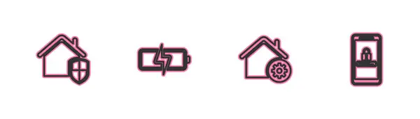 Set Line House Protection Smart Home Settings Battery Mobile Password — ストックベクタ