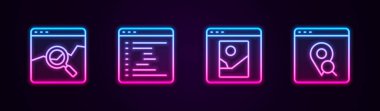 Satır sitesini borsa, Tarayıcı penceresi, Şehir haritasının rötuşlanması ve Infographic ile ayarla. Parlayan neon ikonu. Vektör