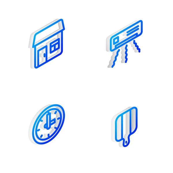 Set Isometric Line Air Conditioner House Clock Cutting Board Icon — ストックベクタ