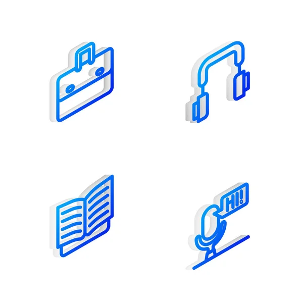 Set Isometric Line Sluchátka Aktovka Otevřít Knihu Mikrofon Hlasové Zařízení — Stockový vektor