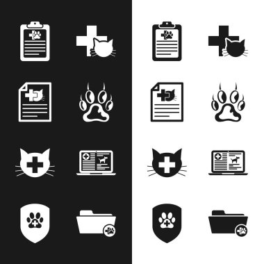 Paw baskısı, kedi ya da köpek için tıbbi sertifika, klinik kayıt hayvanı, veteriner kliniği ve dizüstü bilgisayar ikonu. Vektör