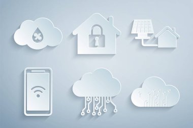 Şeylerin internetini kur, güneş paneli olan ev, mobil kablosuz kablosuz, koruma ve nem ikonu altında. Vektör