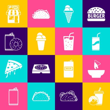 Soda, donut, nachos tabağı, pipet, dondurma külahı, alüminyum soda ve Pizzeria binası ön cephesi ve cam su ikonu. Vektör